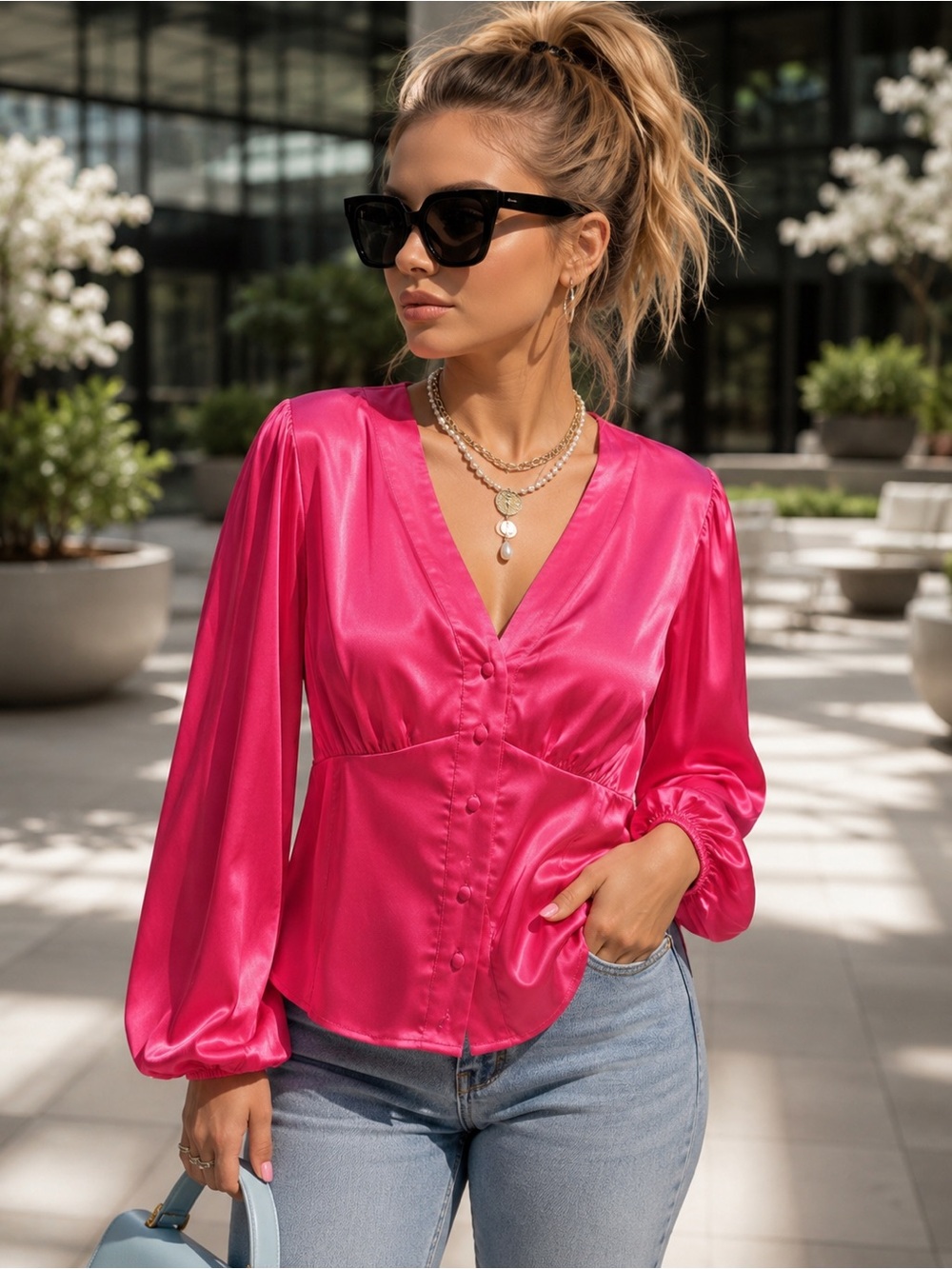 torrid Hot Pink Satin V-Neck Button-Front Blouse